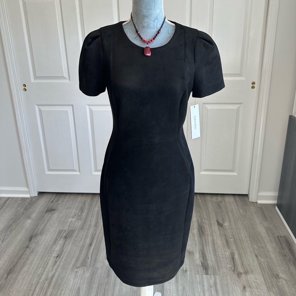 Calvin Klein Faux Suede Black Short Sleeve Sheath Dress Sz 8 Career Church